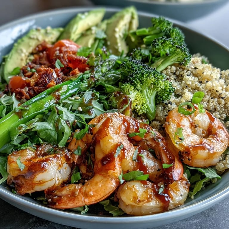 This Detox Buddha Bowl with Shrimp and Quinoa showcases bright red cabbage, juicy tomato, and asparagus, garnished with fresh herbs for a nourishing, colorful meal.