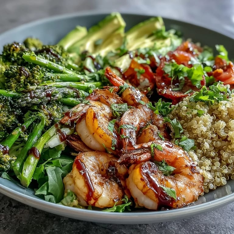 Enjoy a close-up of Detox Buddha Bowl with Shrimp and Quinoa, with golden shrimp and sliced avocado atop quinoa, ready for a tangy olive oil drizzle.