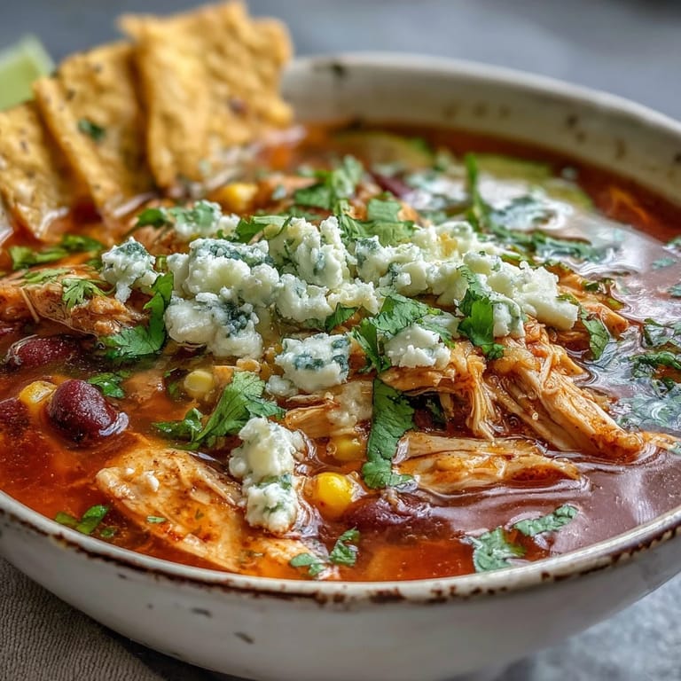 Close-up of Chicken Tortilla Soup with sliced avocado and crumbled cotija cheese, perfect for a cozy weeknight dinner.