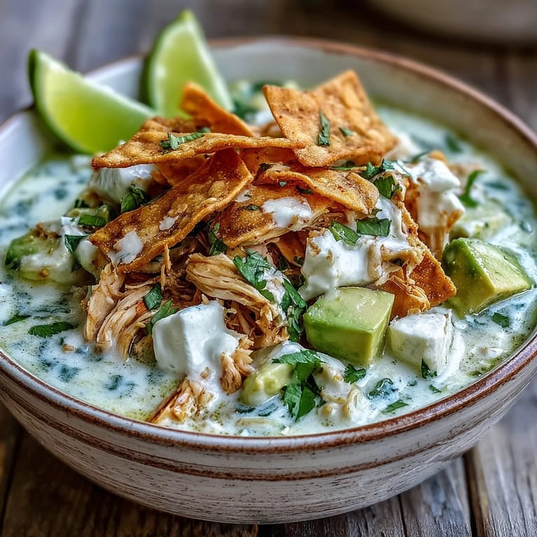 A bowl of Creamy Chicken Tortilla Soup with creamy avocado and tortilla chips, served for a cozy Tex-Mex dinner.