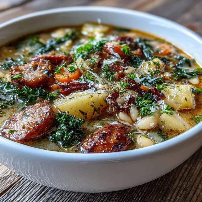 Close-up of Tuscan White Bean Sausage Soup with tender potatoes and diced carrots in a rich, savory broth.