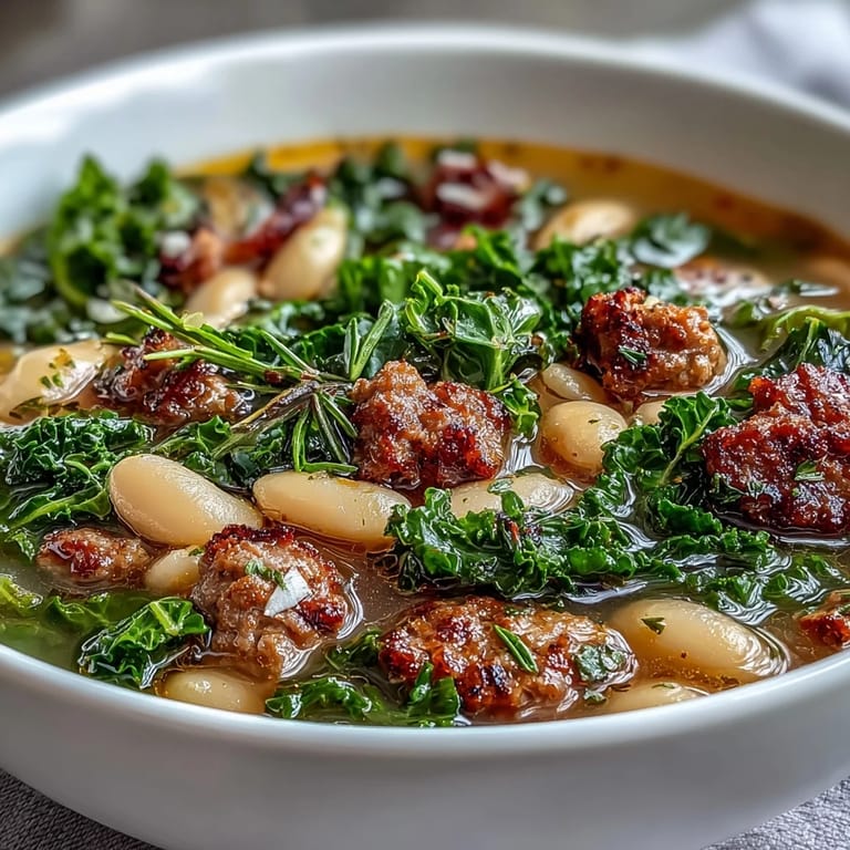 Close-up of Italian White Bean Soup with Kale and Sausage, revealing creamy beans, tender kale, and roasted garlic in broth.