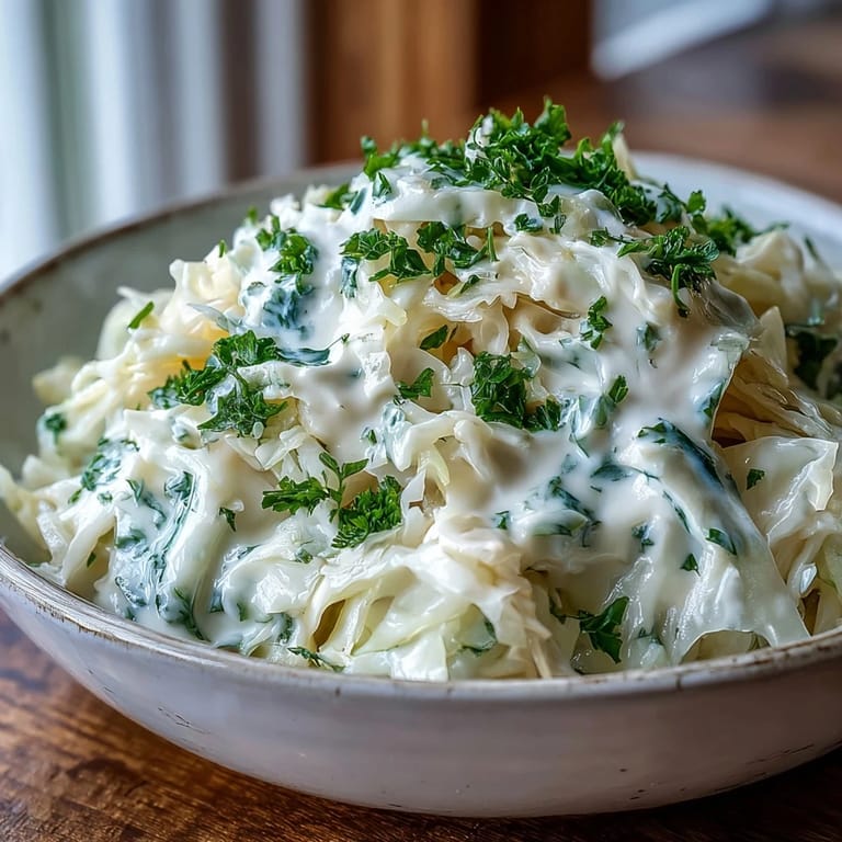 Tender Creamed Cabbage sautéed with onions in a light, creamy sauce, paired with roasted chicken.