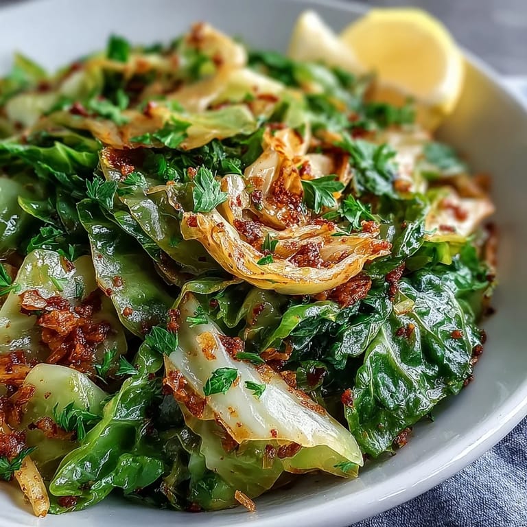Vegan sautéed cabbage with garlic and Mediterranean spices, lightly caramelized, garnished with lemon and parsley for a bright, budget-friendly side.