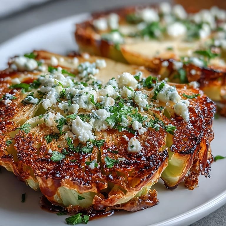 Golden roasted cabbage steaks with feta and balsamic glaze, served warm as a vegetarian side dish on a rustic plate with lemon zest.