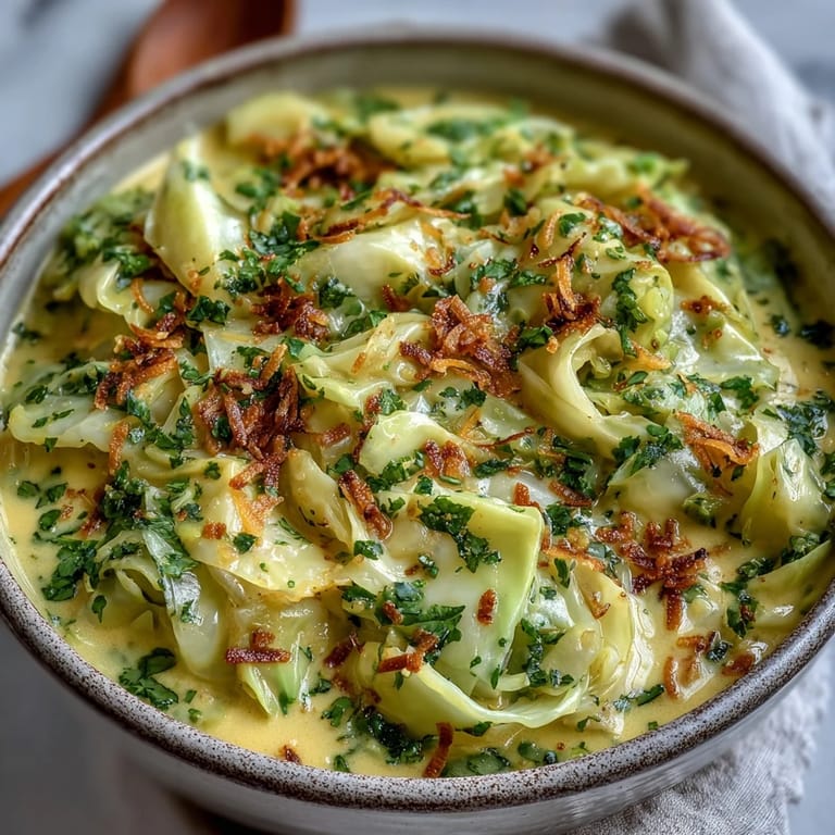 Tender Coconut Braised Cabbage in a rich coconut milk sauce, paired with fluffy white rice for a comforting side dish.