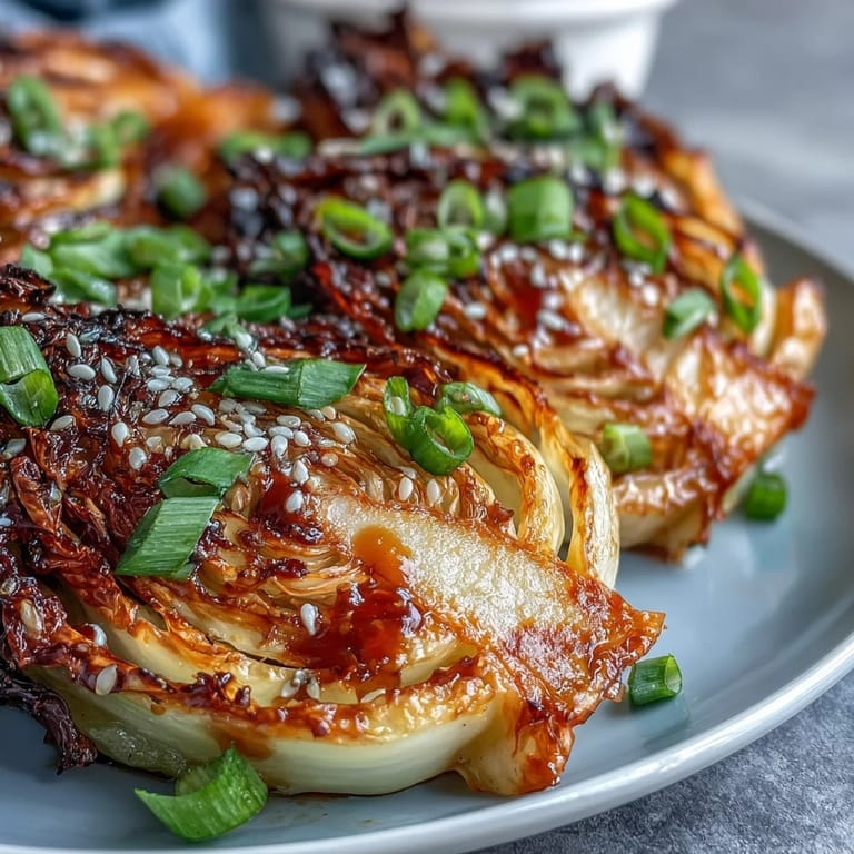 Gluten-free Miso Butter Roasted Cabbage wedges brushed with umami-rich butter glaze, plated beside fluffy white rice.