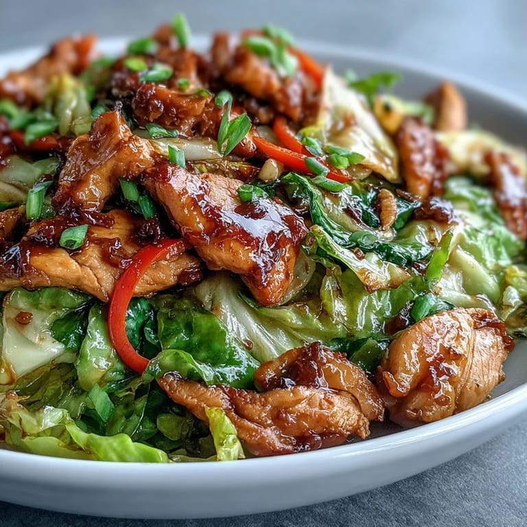 Quick weeknight Chicken Cabbage Stir-Fry served hot over fluffy steamed white rice.