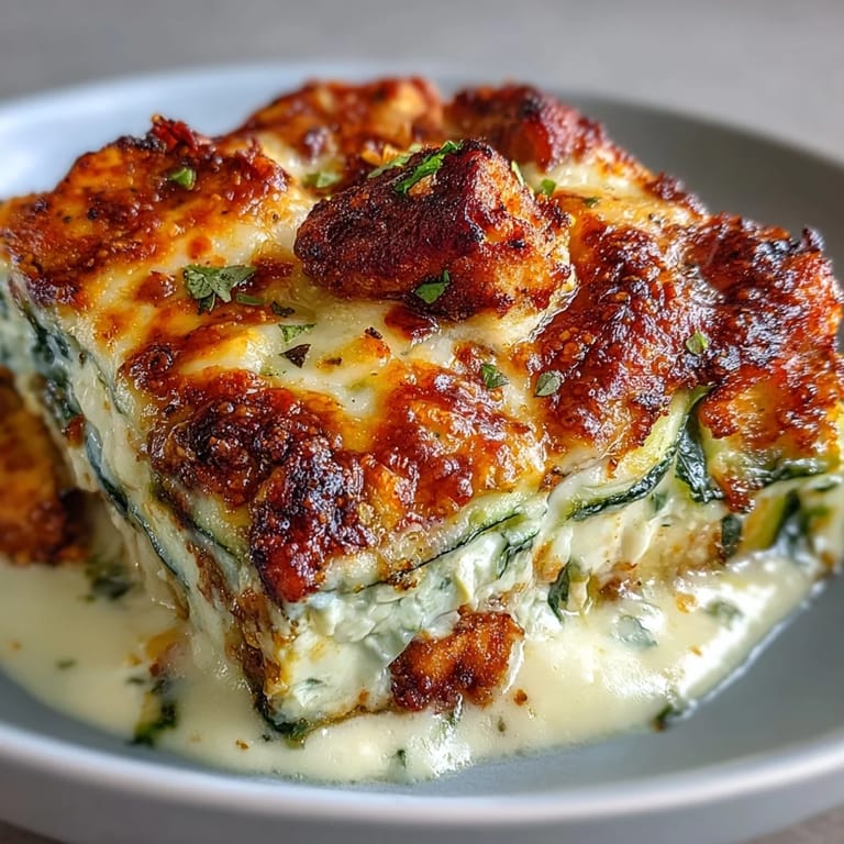 Freshly grated Parmesan and gooey mozzarella bubble to a beautiful golden brown on top of this savory High Protein Chicken Zucchini Bake, garnished with bright green parsley.