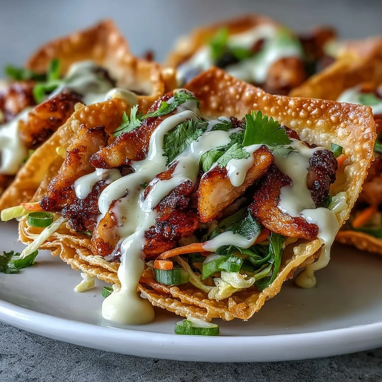 Spicy sriracha mayo drizzled over Crispy Chicken Wonton Tacos with fresh cilantro and lime wedges.