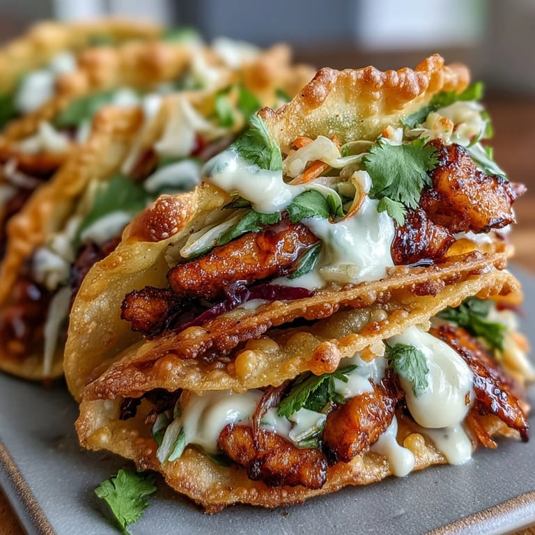 Golden wonton shells cradle spicy chicken and tangy slaw in these Crispy Chicken Wonton Tacos.