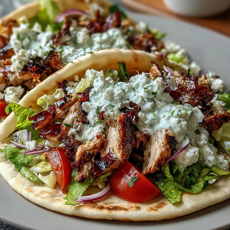 A handheld Mediterranean Chicken Gyros drizzled with creamy tzatziki, garnished with herbs, served with lemon wedges on the side.