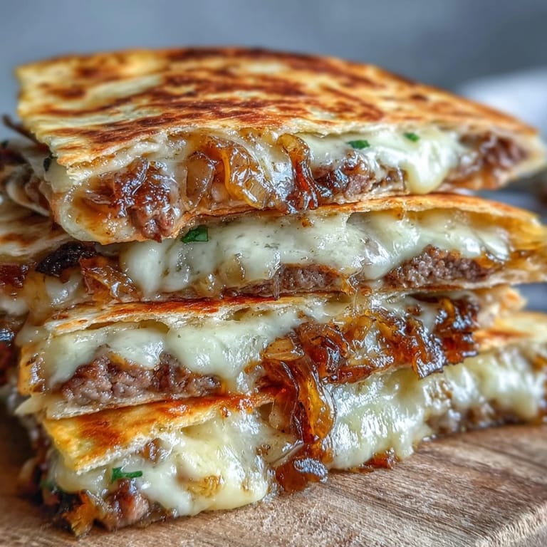 Thick-cut Cheesy Griddled Smashburger Quesadilla wedges garnished with chopped cilantro and sliced pickles on a rustic wooden cutting board.