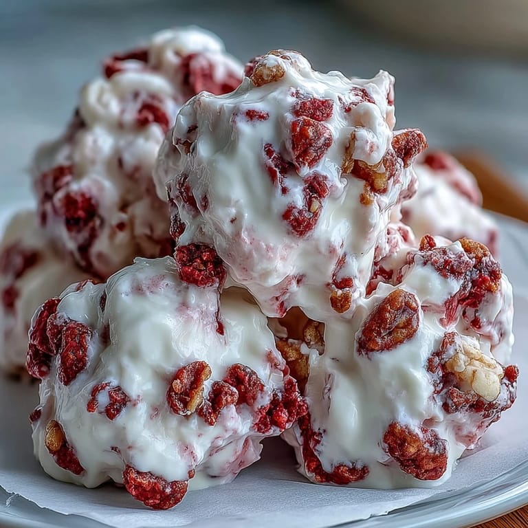 Homemade Strawberry & Banana Yogurt Clusters ready to serve, perfect for a refreshing frozen dessert snack.