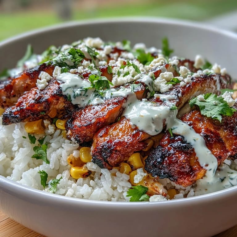 A close-up of Street Corn Chicken and Rice Bowls shows juicy sliced chicken, smoky charred corn, and creamy white crema over steamy cilantro-lime rice.