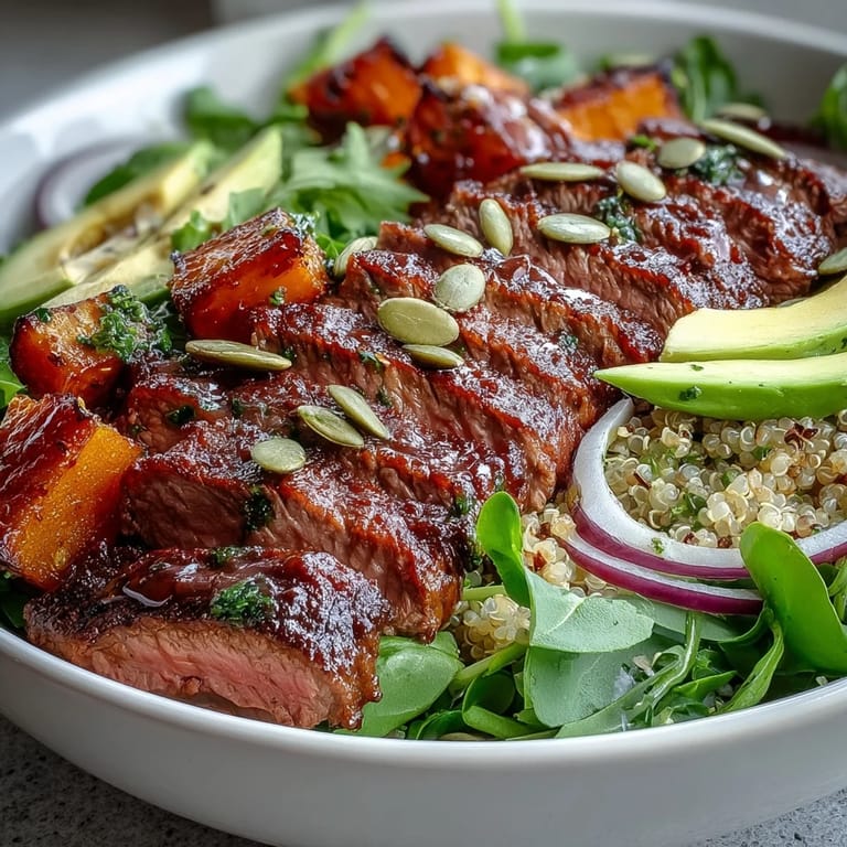 Savory butternut squash steak bowls feature smoky steak, vibrant red onion, and creamy avocado over fluffy quinoa.