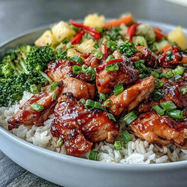 Fluffy white rice supports saucy teriyaki chicken, vibrant broccoli, peppers, and sweet pineapple for an easy weeknight meal.