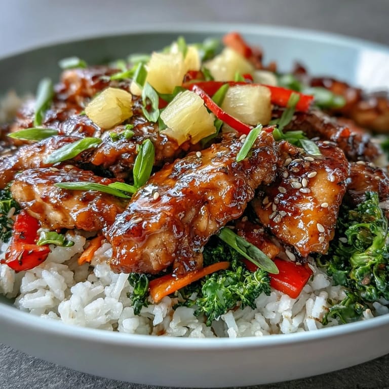 Savory glazed chicken and crisp vegetables over steamed rice, finished with juicy pineapple and sesame seeds for texture.