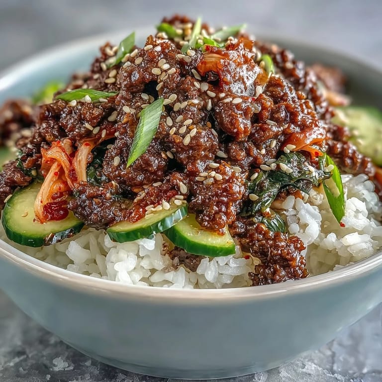 Ready-to-eat Korean Ground Beef Bowl featuring colorful pickled vegetables and savory ground beef mixed over fluffy rice.