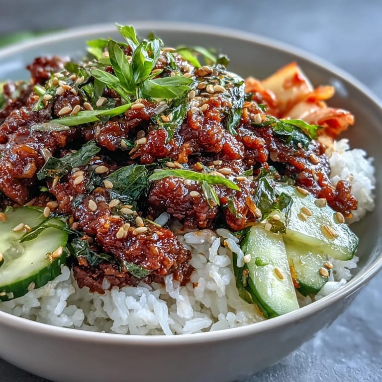 Hot Korean Ground Beef Bowl with minced beef, gochujang sauce, green onions, and sesame seeds next to chopsticks. 