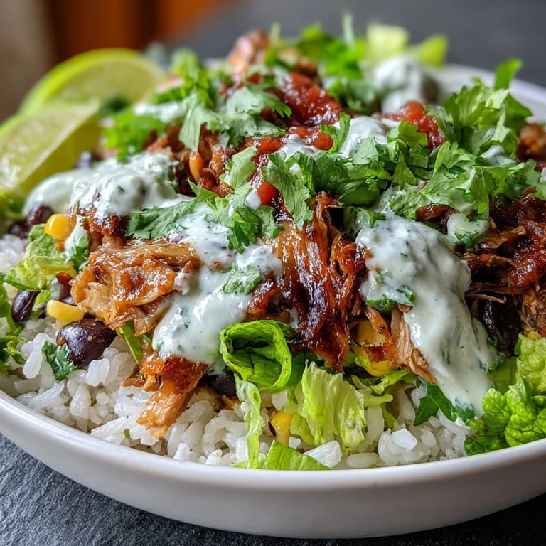 Colorful Carnitas Burrito Bowl with zesty lime crema drizzled over fresh tomato salsa and cilantro garnish.