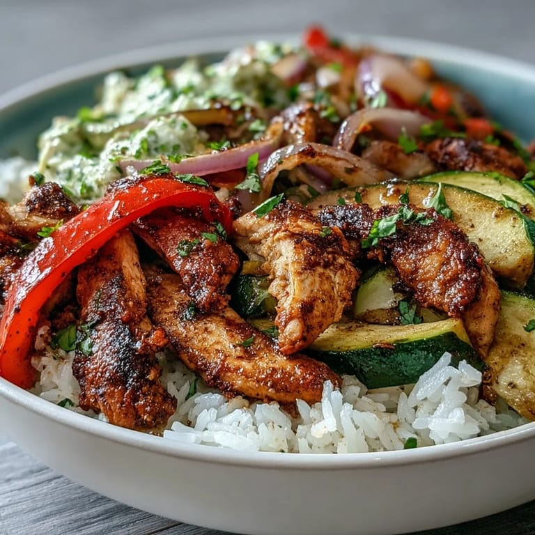 Sizzling chicken and charred onions for Sheet Pan Fajita Bowls ready to serve over fluffy white or cauliflower rice.