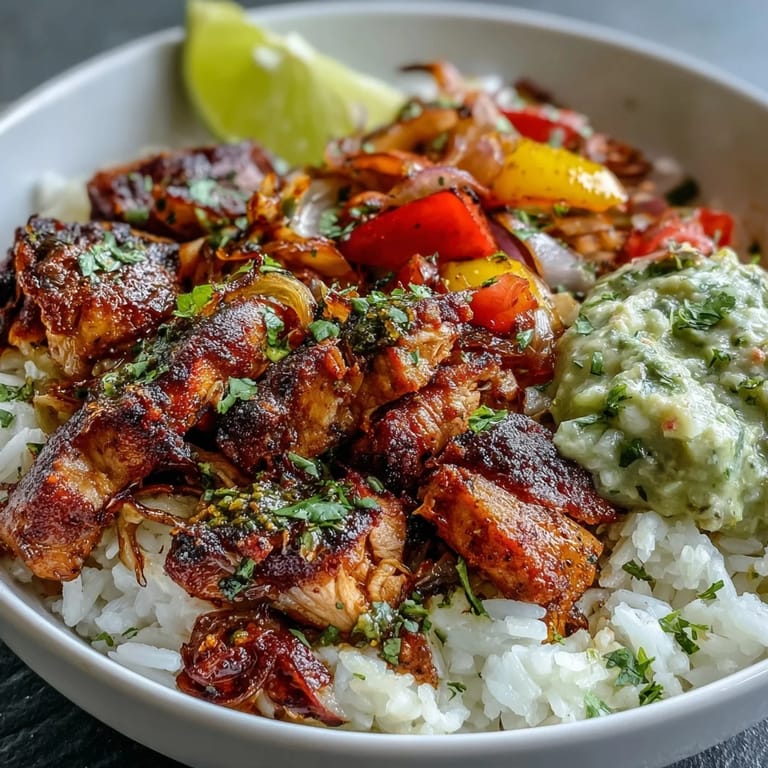 Close-up of a Sheet Pan Chicken Tinga Bowl with colorful peppers and creamy avocado salsa for easy weeknights.