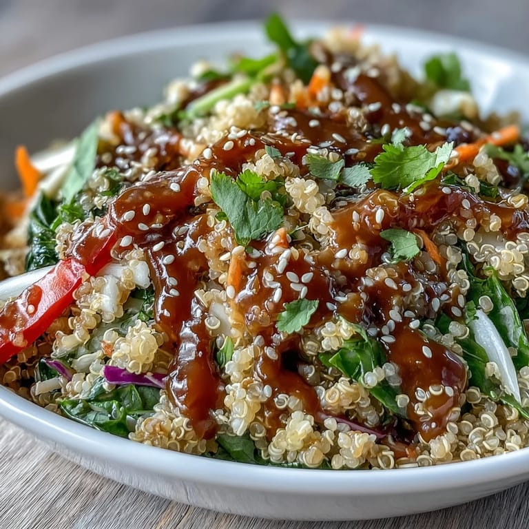 Fork-tender Thai Coconut Quinoa Bowl garnished with cilantro and sesame seeds alongside a rich peanut dressing.