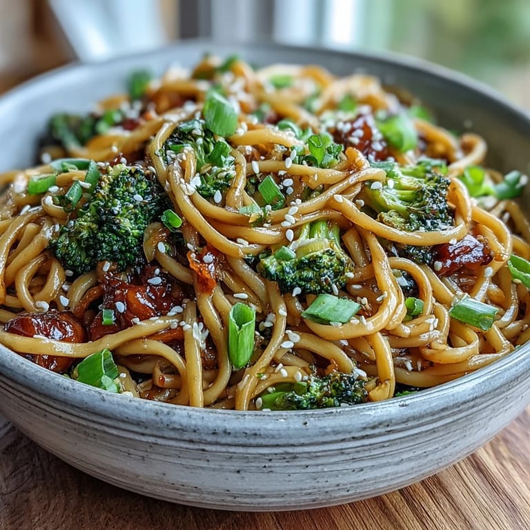 Close-up of a delicious Asian Teriyaki Noodle Bowl showing glossy sweet sauce coating the vegetables and noodles, ready for a quick weeknight dinner.