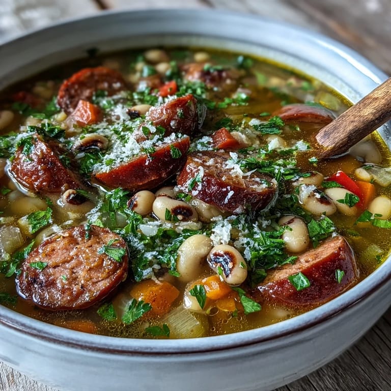 Close-up of a spoon lifting savory Black-Eyed Peas and Sausage Soup featuring Italian sausage and tender peas.