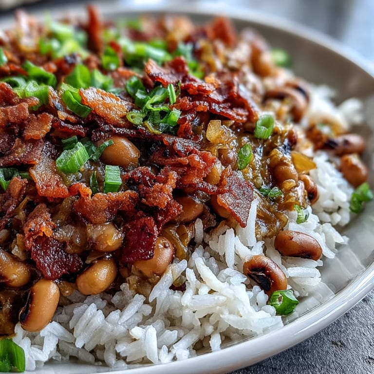 A hearty bowl of Hoppin John, a traditional Southern dish with black-eyed peas and savory bacon, perfect for New Year's Day.