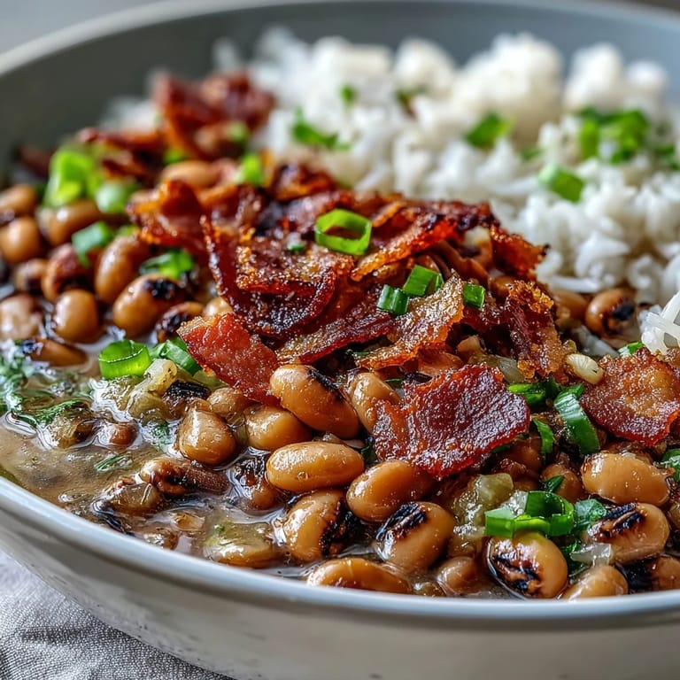 Savory Hoppin John with black-eyed peas, celery, and onion simmered in broth, served over steamed rice with crispy bacon garnish.