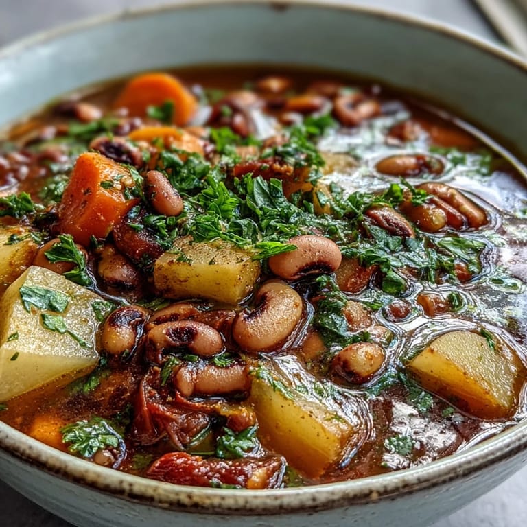 Close-up of Black-Eyed Pea Stew with Chefs Touch featuring carrots, potatoes, and tomatoes in a savory broth.