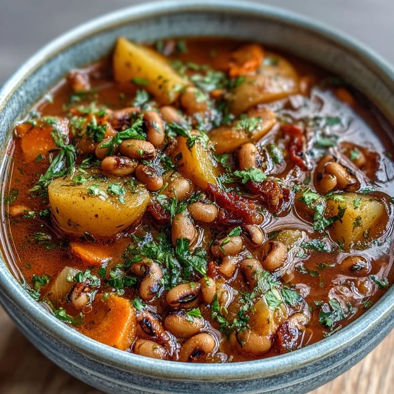 A hearty pot of Black-Eyed Pea Stew with Chefs Touch served alongside crusty bread for dipping.