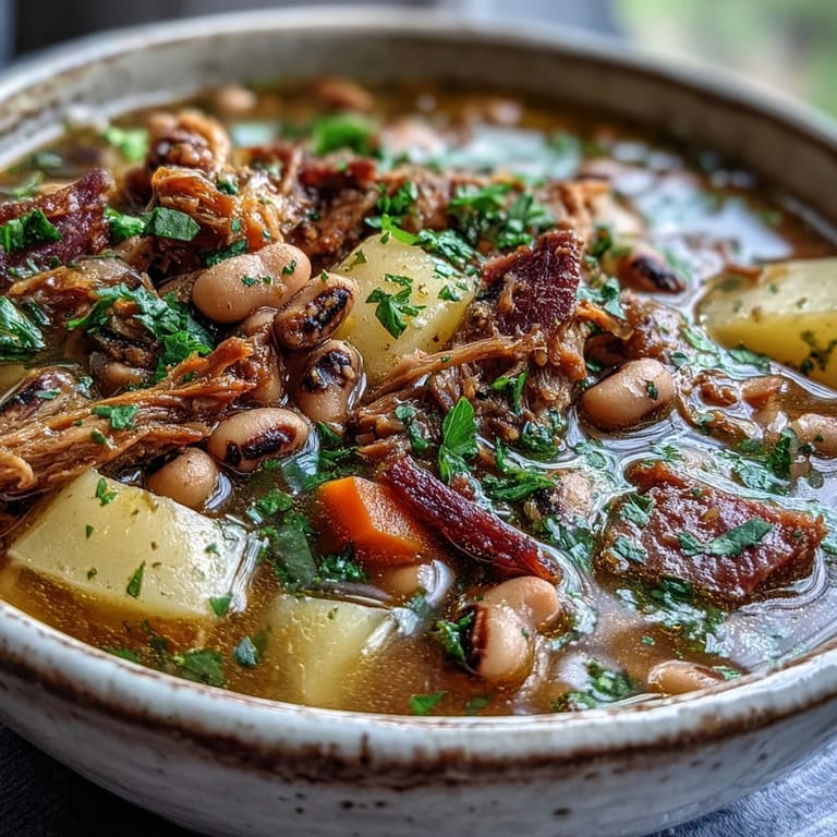 A close-up of Black-Eyed Pea Stew with Smoked Ham Hocks, showcasing tender meat and rich, savory broth.