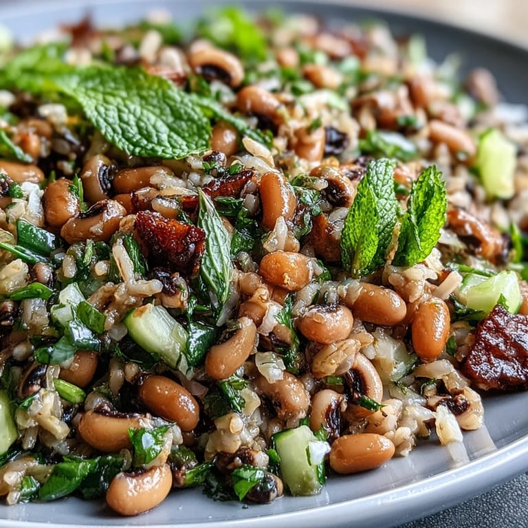 A vibrant bowl of Southern Black Eyed Pea Salad showcasing healthy legumes, diced vegetables, and a glossy lemon dressing garnished with fresh mint.