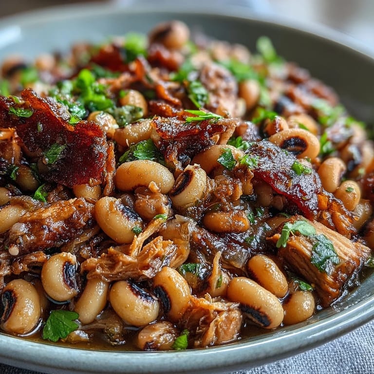 A spoon lifts tender meat from this Crock-Pot Black-Eyed Peas with Smoked Turkey, served over fluffy white rice.