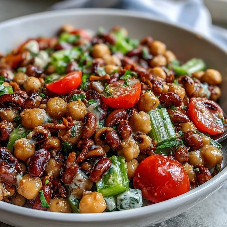 Hearty New Years Hoppin John Salad tossed with chickpeas, bell peppers, tomatoes, and green onions, garnished with chopped parsley.