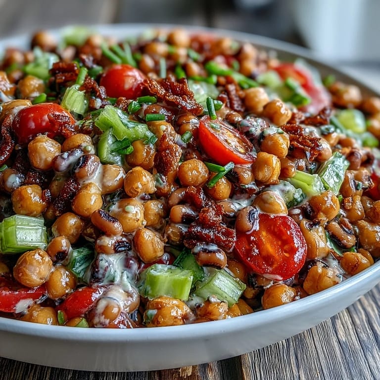 Healthy New Years Hoppin John Salad recipe with legumes and rice drizzled in smoky tahini dressing, ready to enjoy.