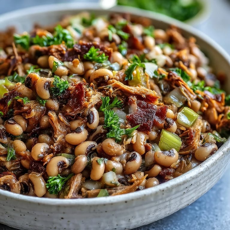 Close-up of tender Classic New Years Black-Eyed Peas garnished with fresh parsley and a dash of hot sauce for good luck.