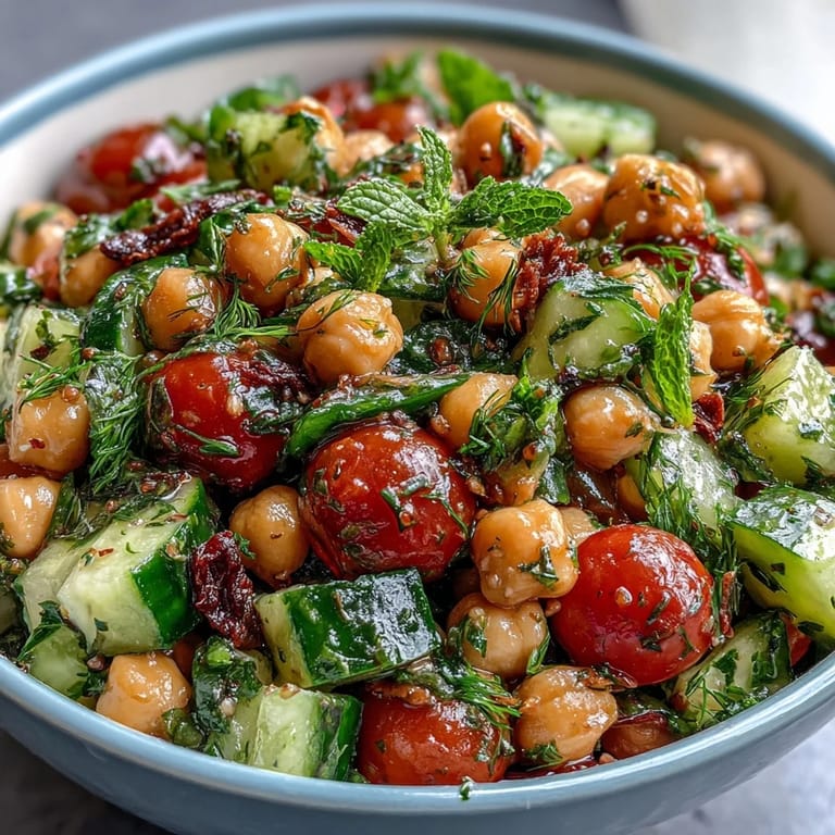 Protein-packed cucumber chickpea salad with lemon vinaigrette, fresh mint and parsley add Mediterranean flair to this vegan lunch.
