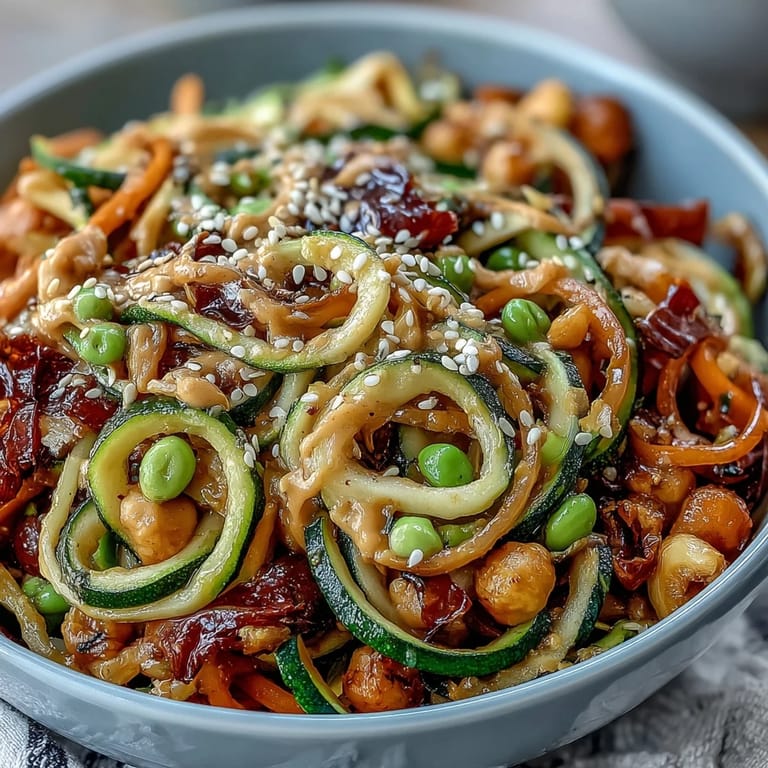 Fresh spiralized zucchini tossed with bell peppers, snap peas, and a tangy peanut sauce.
