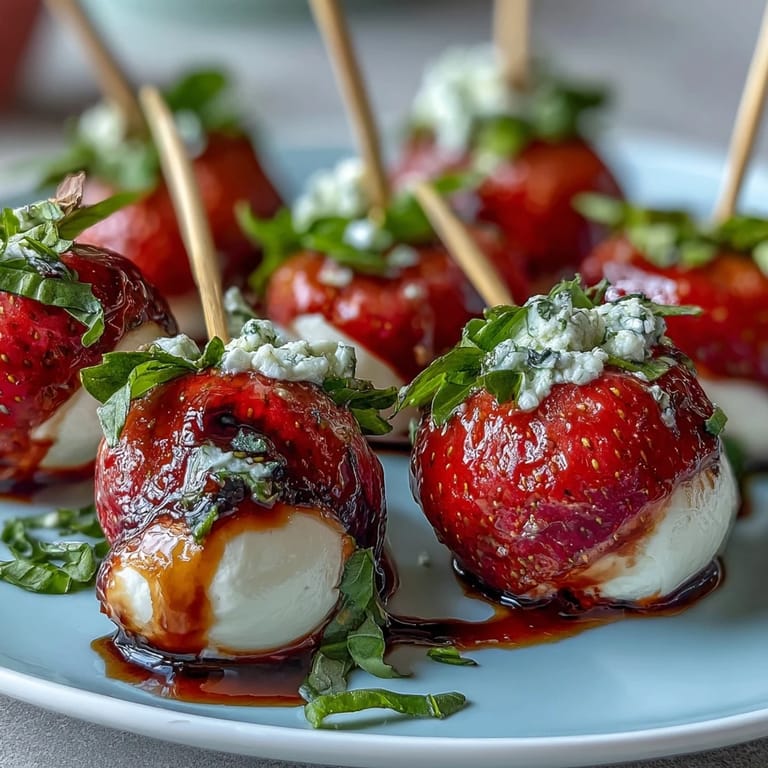 Juicy strawberries and mozzarella balls layered with basil on skewers, finished with a glossy balsamic reduction for an elegant party bite.