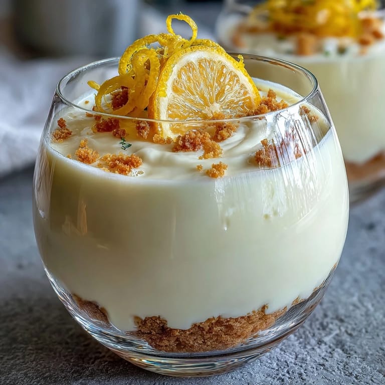 Zesty lemon mousse layered over buttery shortbread crumble, garnished with lemon zest curls and mint for a light, elegant treat.
