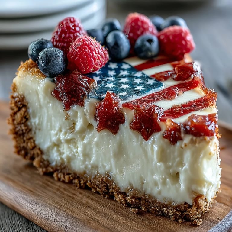 Creamy vanilla cheesecake filling topped with vibrant red strawberries and juicy blueberries, creating a patriotic no-bake dessert for Independence Day.