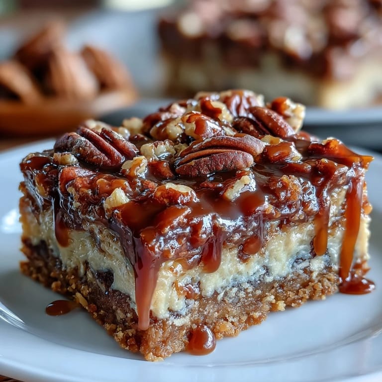 Decadent pecan pie bars drizzled with bourbon glaze, rich filling and toasted nuts in a close-up shot, perfect for Derby Day celebrations.