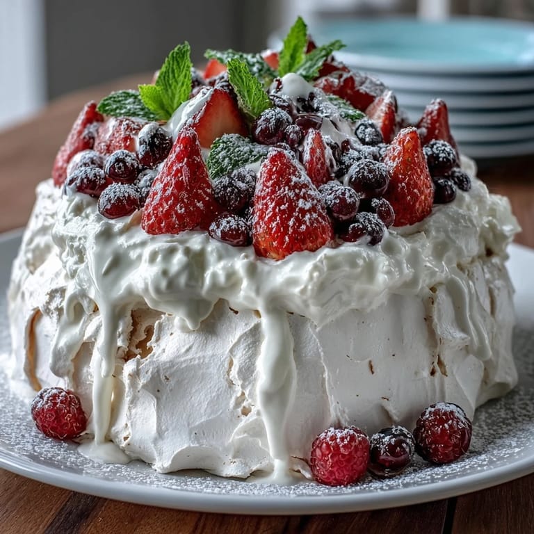 3. Show-stopping Mothers Day Pavlova: delicate crisp meringue with marshmallow center, piled high with luscious whipped cream and an artful arrangement of mixed fresh berries.