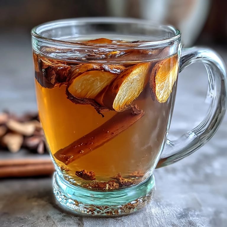 Warm, golden dandelion root tea infused with fresh ginger and turmeric, served in a clear glass mug with a cinnamon stick.