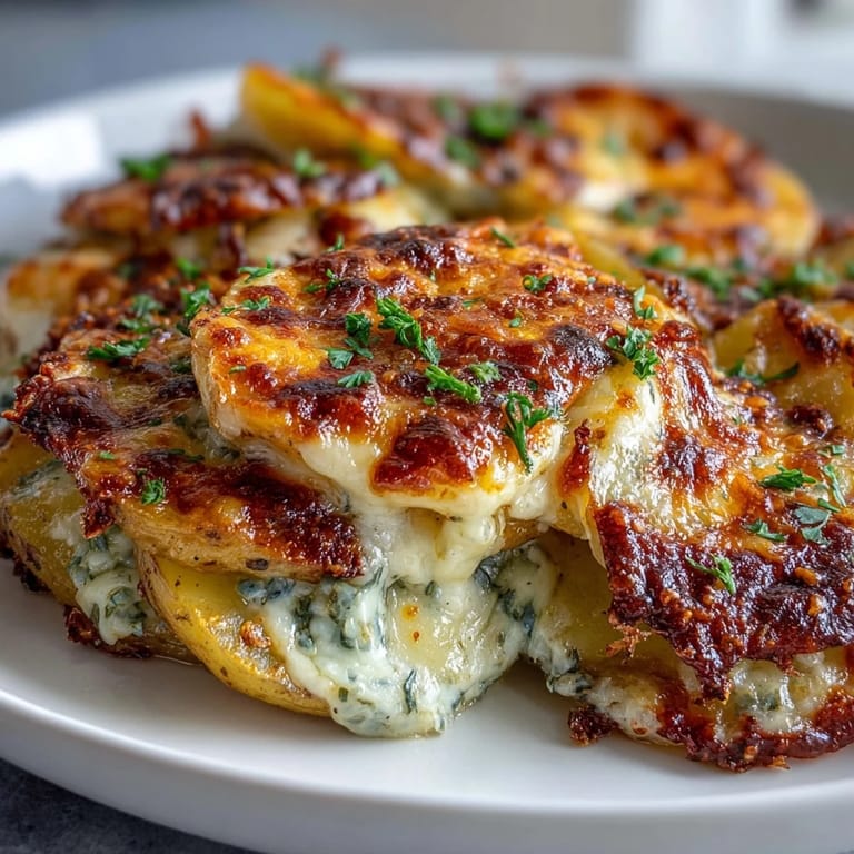 Easy Cheesy Scalloped Potatoes with melted mozzarella and sharp cheddar, served hot as a satisfying vegetarian side dish.