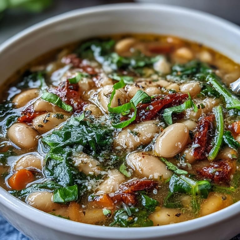 Creamy white bean and spinach soup with carrots, celery, and garlic, served in a rustic bowl.
